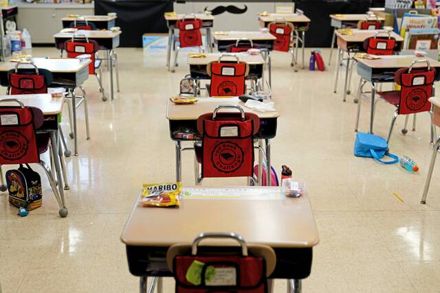 Desks in a classroom at an elementary school in Nesquehoning, Pa., March 11, 2021.
