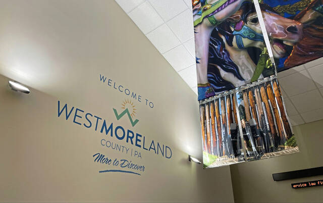 A sign welcomes visitors to Westmoreland County inside the Arnold Palmer Regional Airport in Unity.